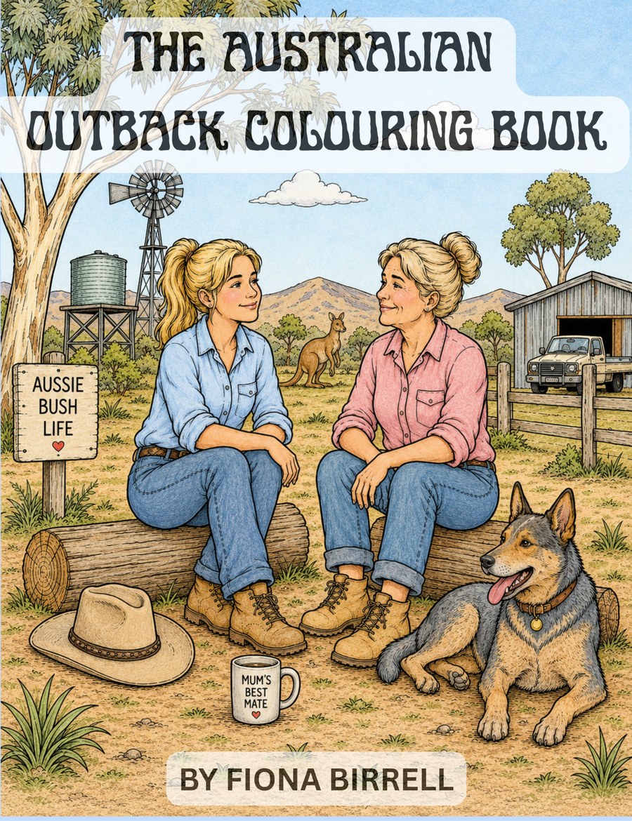 Cover of The Australian Outback Colouring Book by Fiona Birrell, showing two women and a cattle dog outside an outback hotel