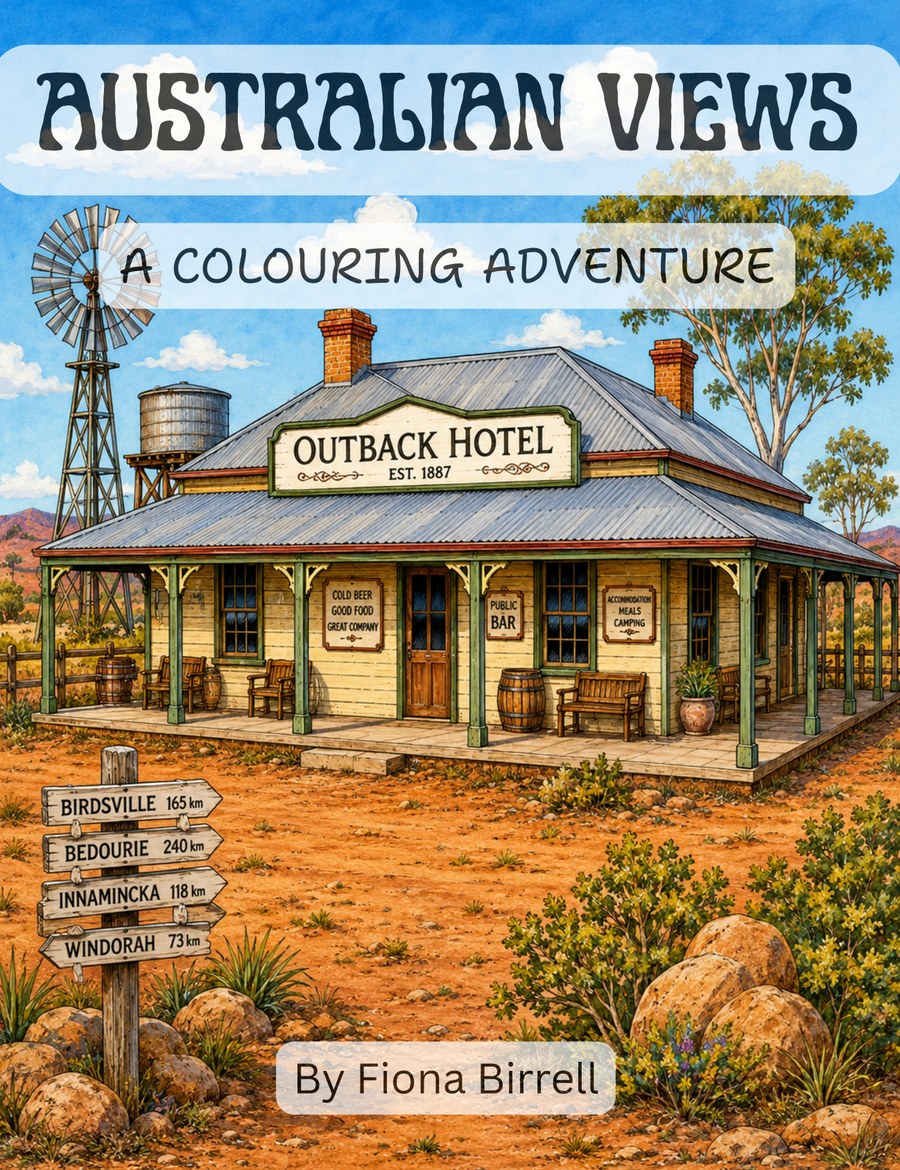 Cover of Australian Views: A Colouring Adventure by Fiona Birrell, showing the Outback Hotel and a windmill