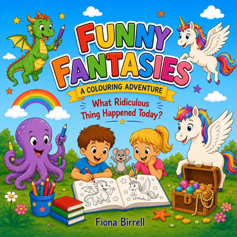Cover of Funny Fantasies: A Colouring Adventure by Fiona Birrell, showing two children colouring on the grass surrounded by a dragon, unicorns and a purple octopus