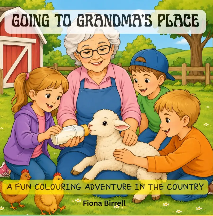 Cover of Going to Grandma's Place colouring book by Fiona Birrell, showing children bottle-feeding a lamb on the farm