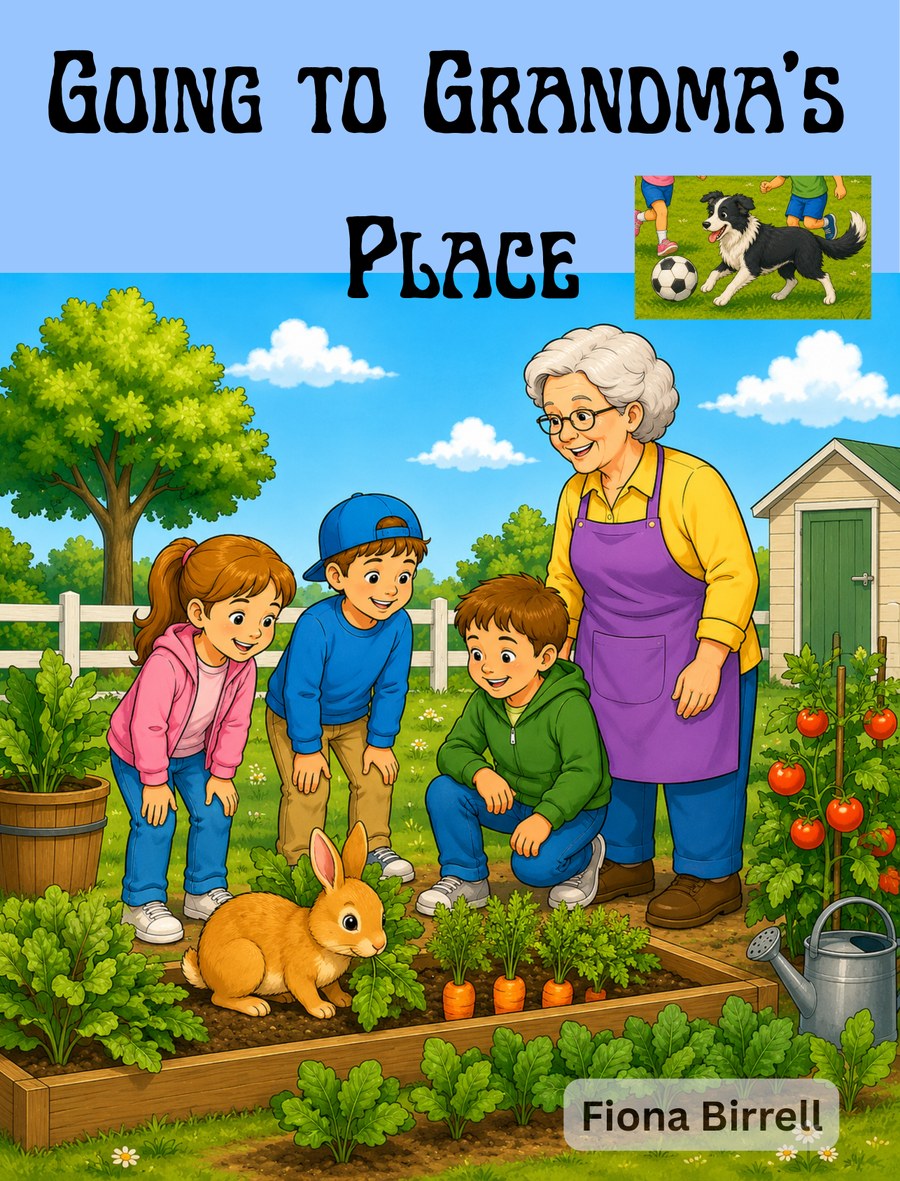 Cover of the picture book Going to Grandma's Place by Fiona Birrell, showing children feeding a lamb with their grandmother