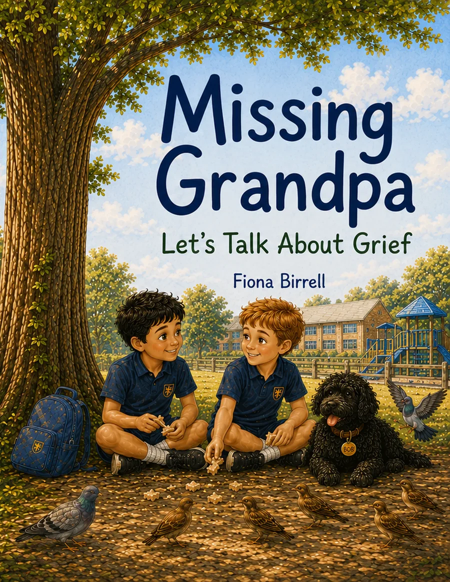 Cover of Missing Grandpa by Fiona Birrell, showing two boys and Bob the black dog sitting under a big tree feeding birds in the schoolyard