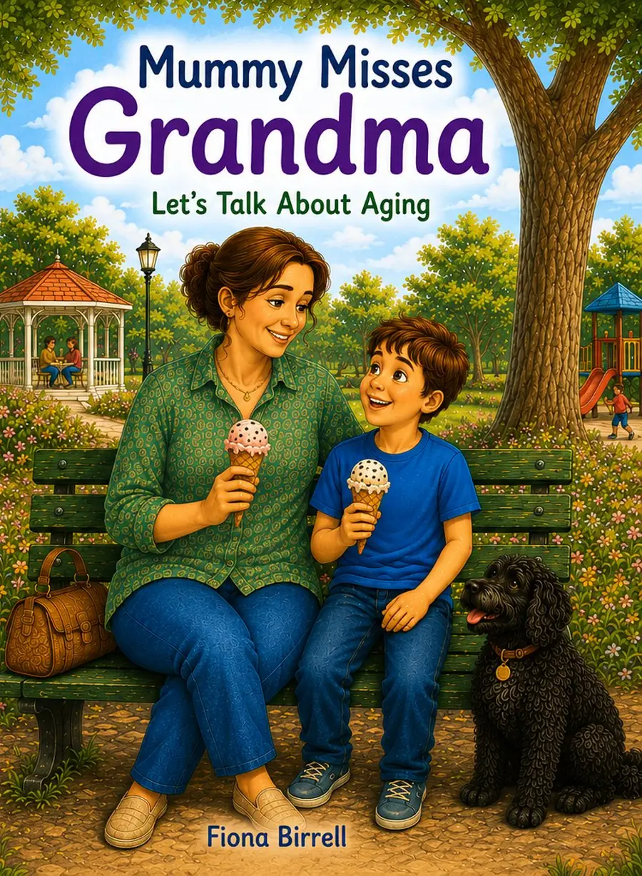 Cover of Mummy Misses Grandma by Fiona Birrell, showing a mother and son eating ice cream in the park