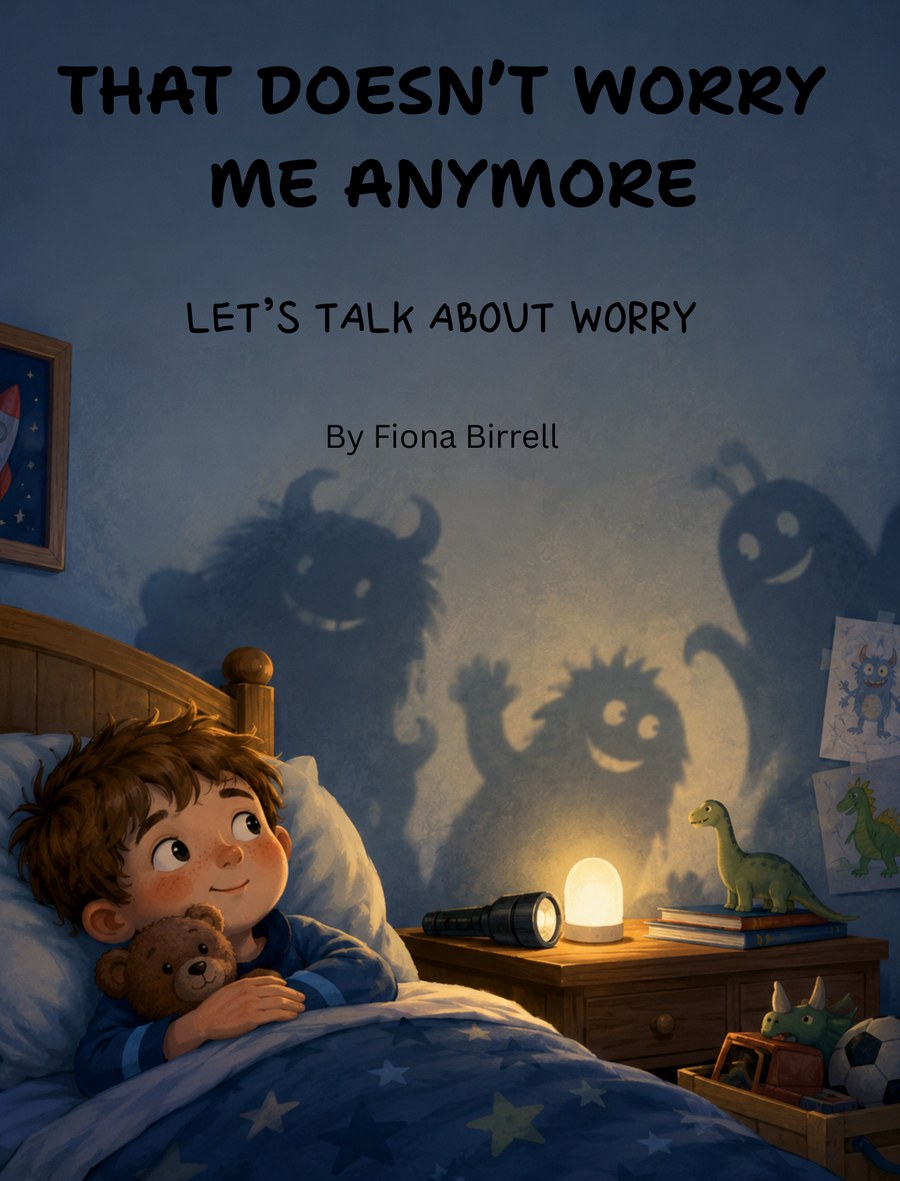 Cover of That Doesn't Worry Me Anymore by Fiona Birrell, showing a boy in bed looking at friendly monster shadows on the wall