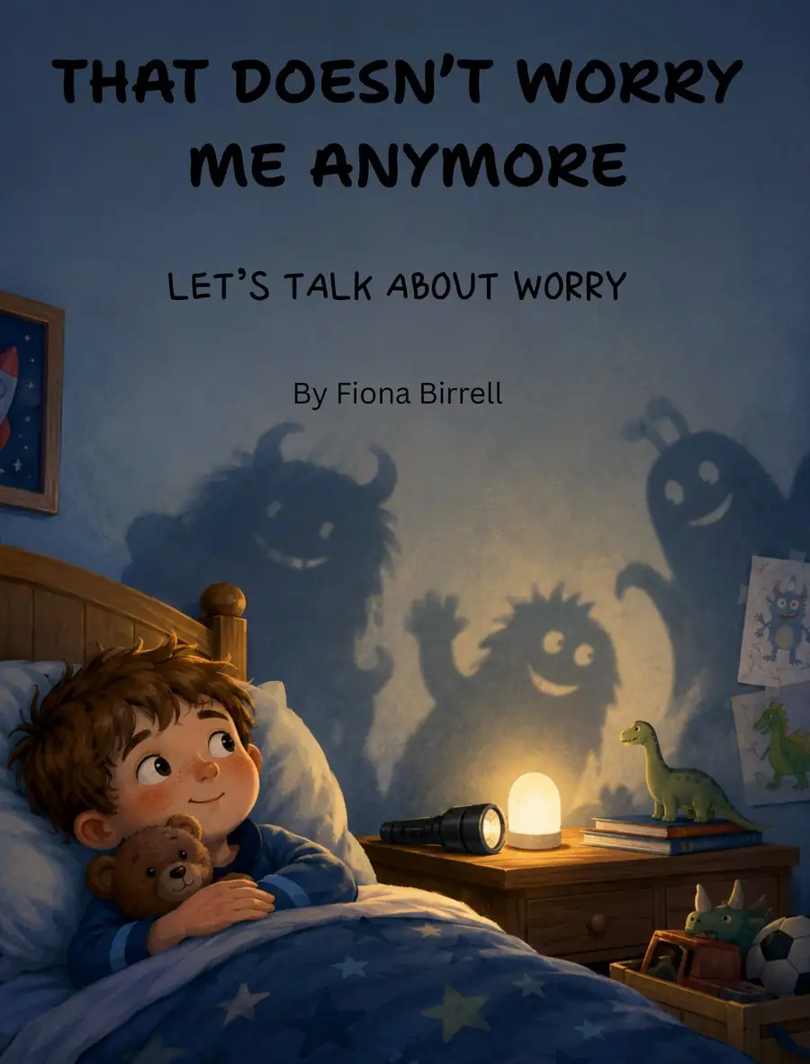 Cover of That Doesn't Worry Me Anymore by Fiona Birrell, showing a boy in bed looking at friendly monster shadows on the wall