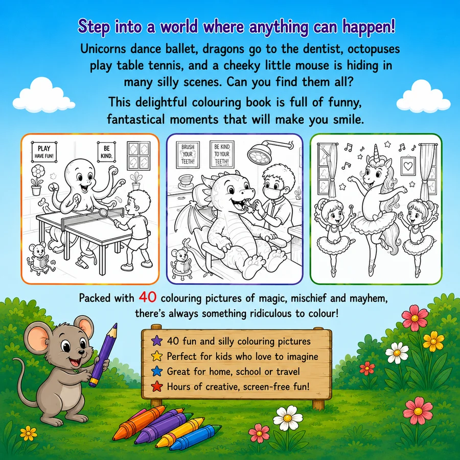 Back cover of Funny Fantasies: A Colouring Adventure