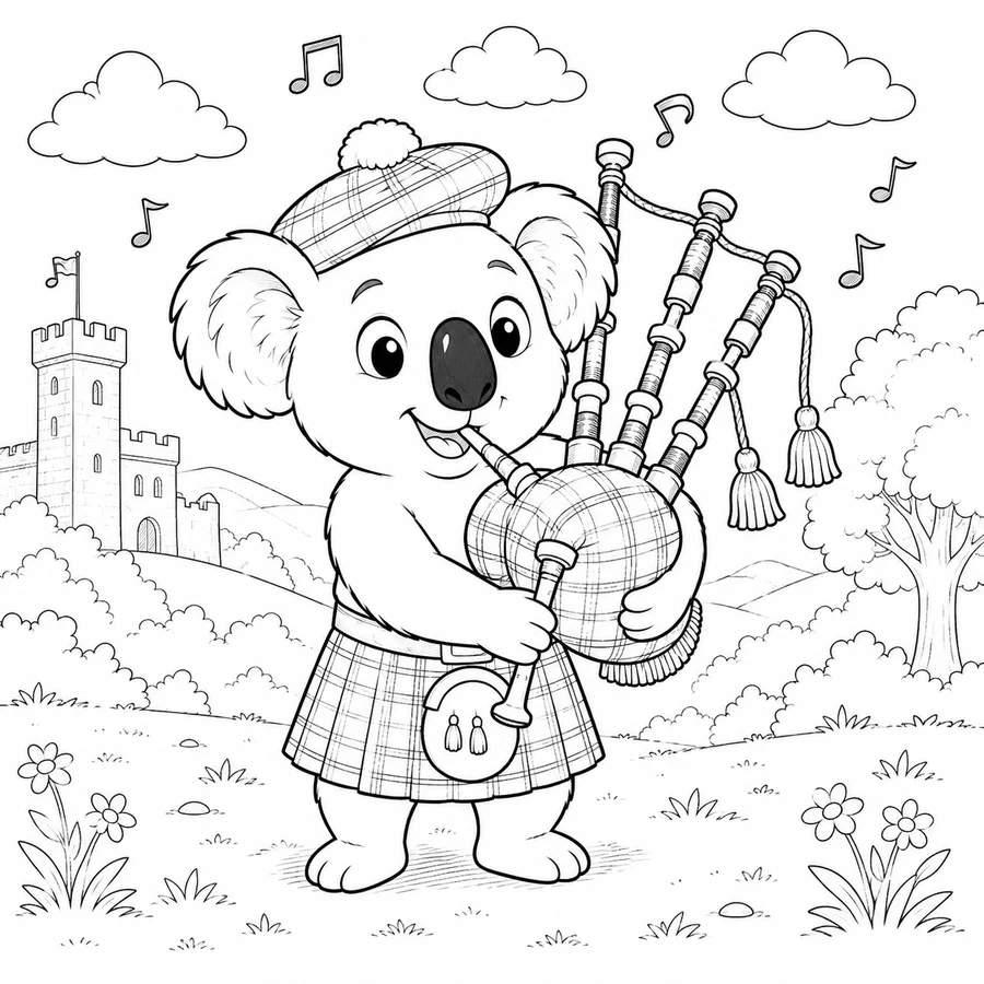 A koala playing the bagpipes colouring page from Funny Fantasies