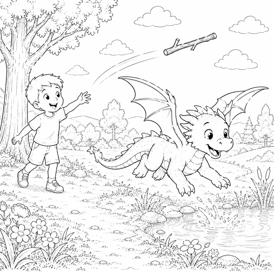A dragon playing fetch colouring page from Funny Fantasies
