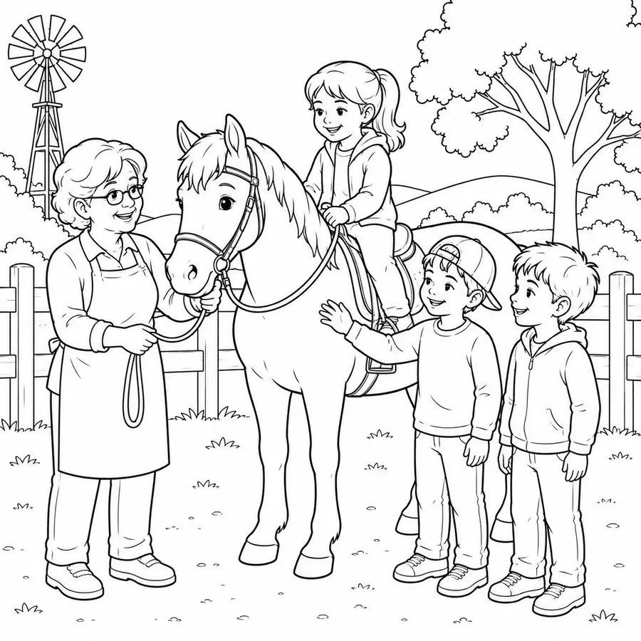 Visiting the horse colouring page from Going to Grandma's Place: A Colouring Adventure