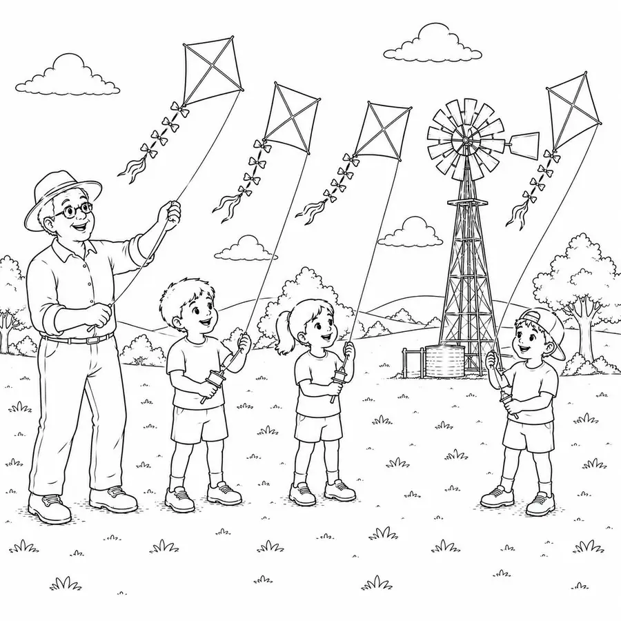 Flying kites colouring page from Going to Grandma's Place: A Colouring Adventure