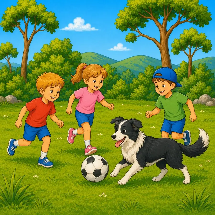 Zara, Jay and Leo playing soccer with Banjo the dog in Going to Grandma's Place