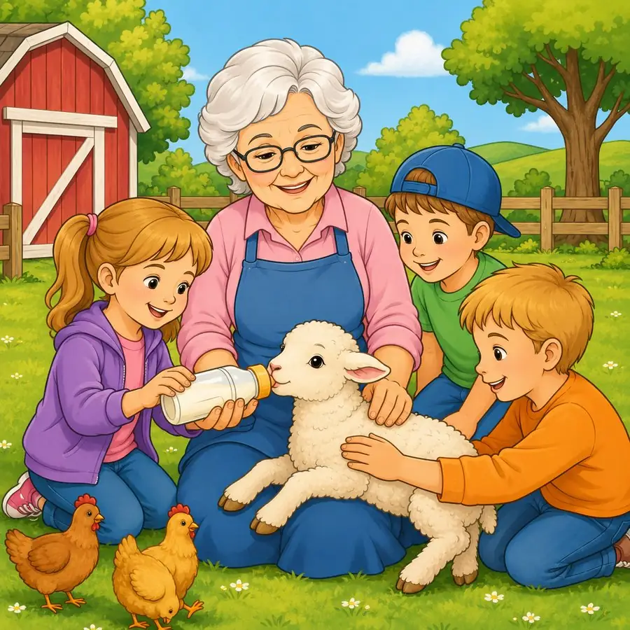 Feeding a lamb with Grandma in Going to Grandma's Place