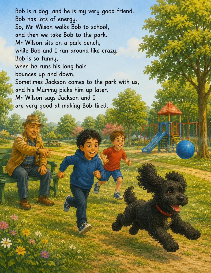 The boy and his friend Jackson race Bob the black dog around the park while Mr Wilson watches from a bench in Mr Wilson Is My Friend