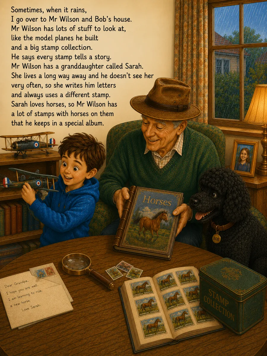 Mr Wilson shows the boy his horse stamp album and model planes on a rainy afternoon in Mr Wilson Is My Friend