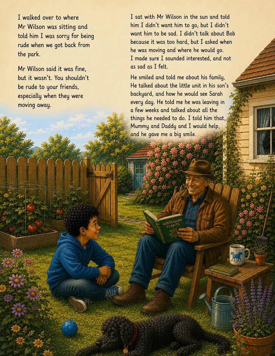 The boy sits with Mr Wilson in his garden to say sorry and talk about the move in Mr Wilson Is My Friend