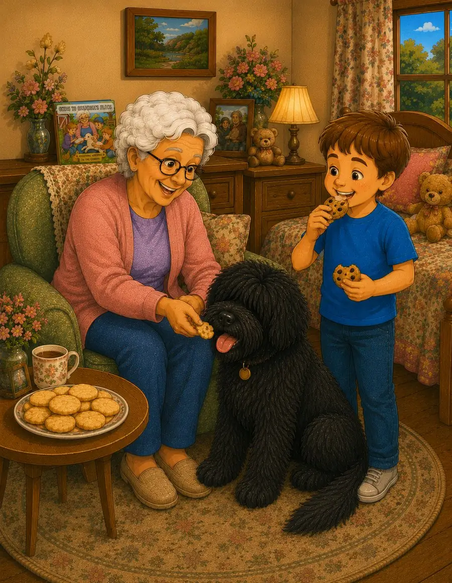Sharing cookies with Grandma's dog in Mummy Misses Grandma