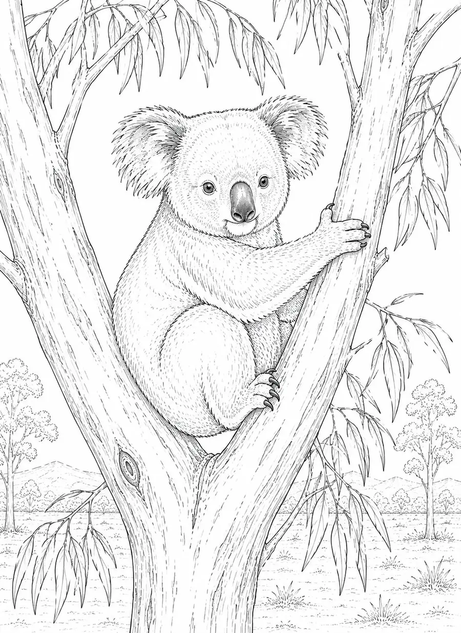 A koala colouring page from The Australian Outback Colouring Book