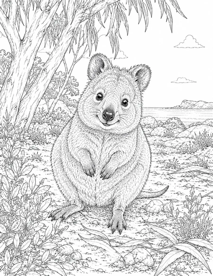 A quokka colouring page from Australian Views: A Colouring Adventure