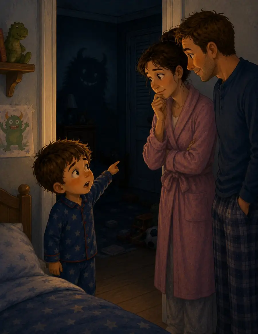 The boy points out the monster shadow to his parents in That Doesn't Worry Me Anymore