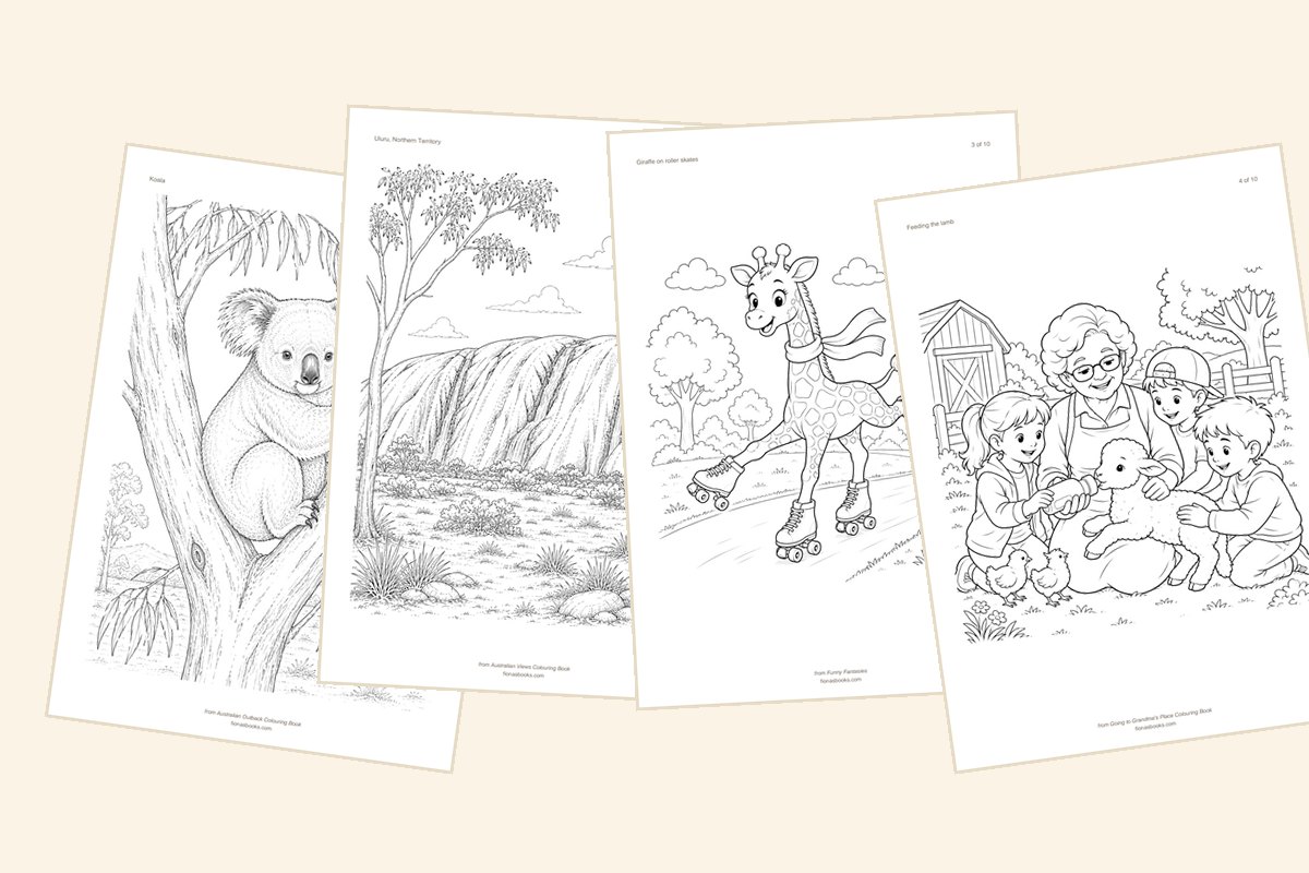 Four printed colouring pages fanned out: a koala, Uluru, a giraffe on roller skates, and children feeding a lamb